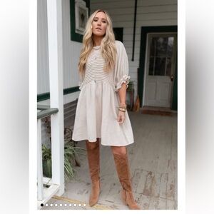 Three bird nest petal puff smocked dress- color natural, in size medium